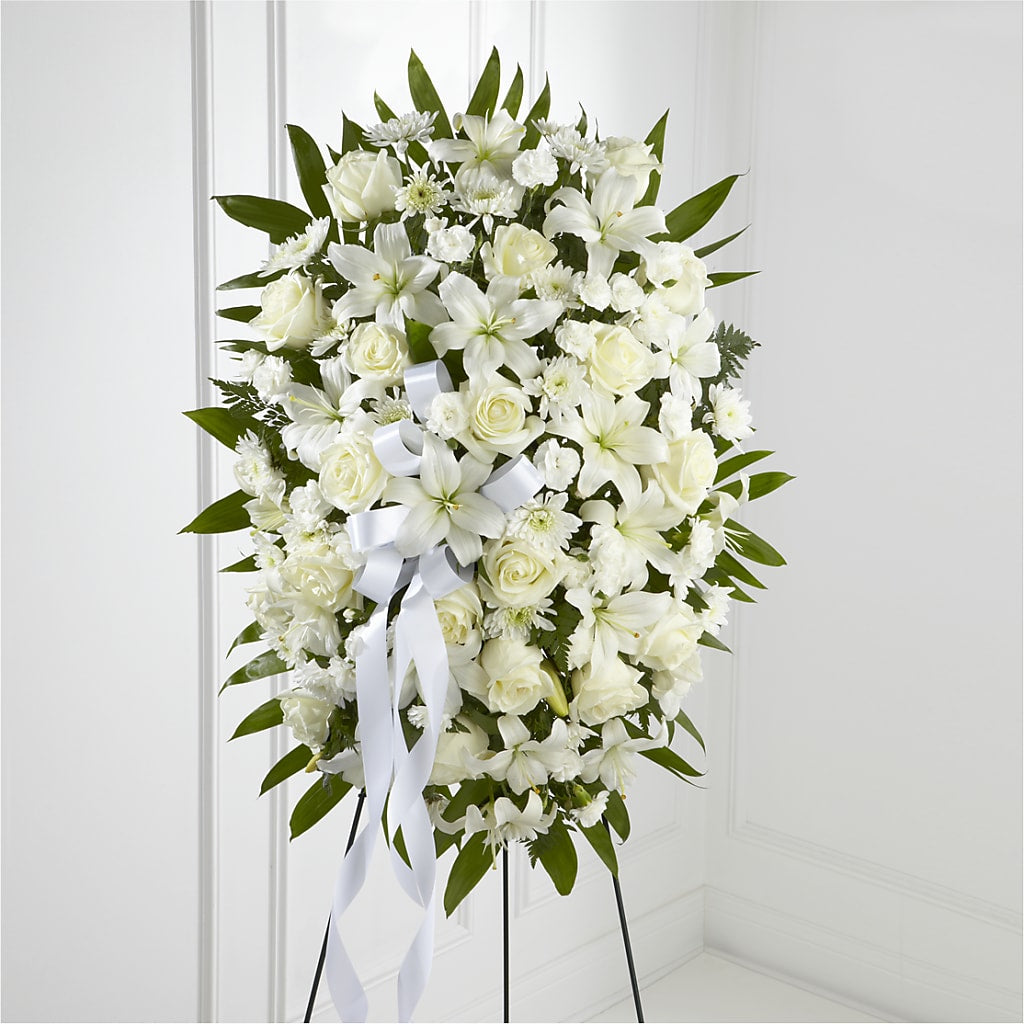 Exquisite Tribute Standing Spray-White Ribbon – MAY'S FLORAL, Nevada MO