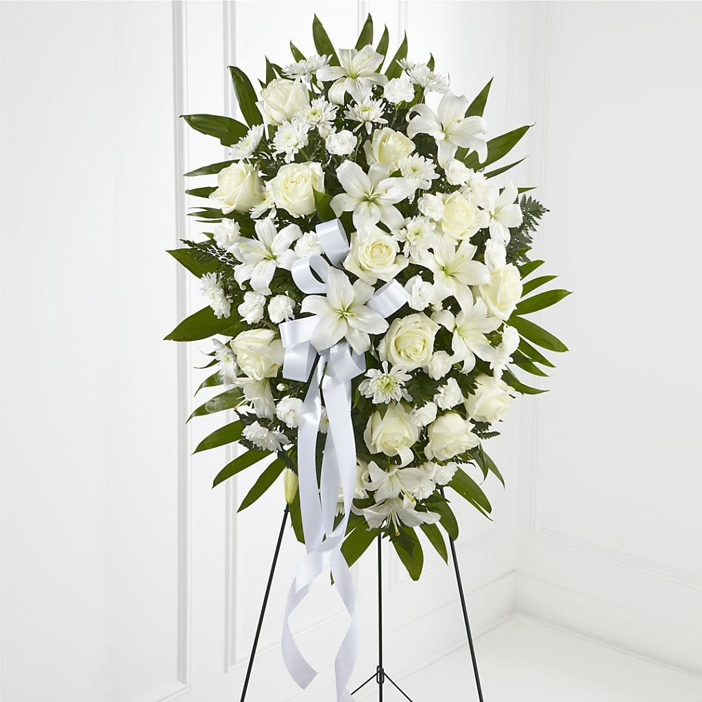 Exquisite Tribute Standing Spray-White Ribbon – MAY'S FLORAL, Nevada MO