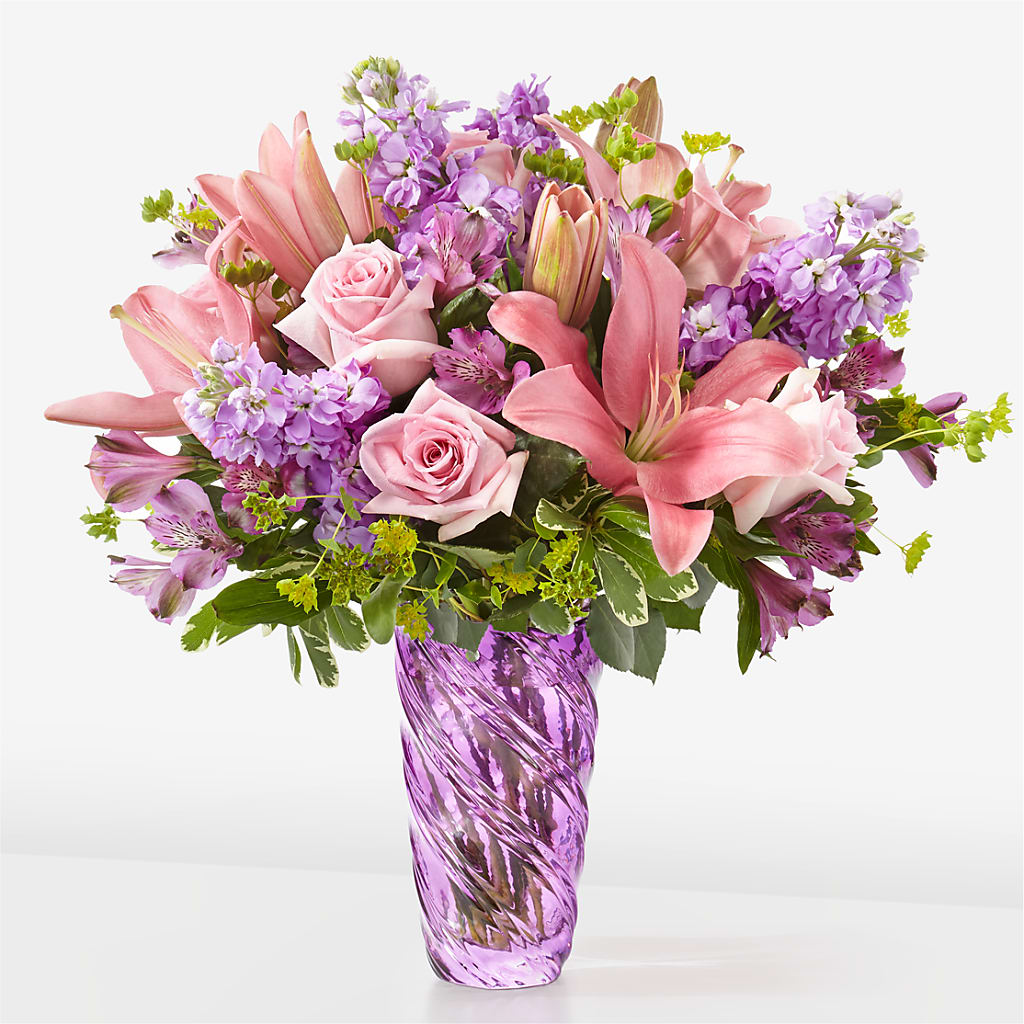 Precious Petals Bouquet with Luxe Swirl Vase – MAY'S FLORAL, Nevada MO