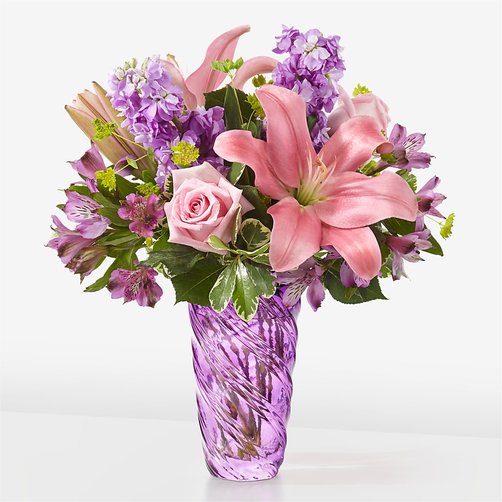 Precious Petals Bouquet with Luxe Swirl Vase – MAY'S FLORAL, Nevada MO